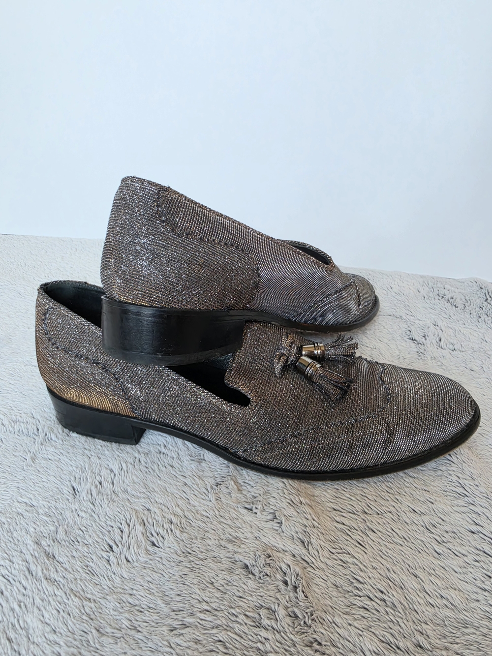 Stuart Weitzman Metallic Silver Tassel Loafers